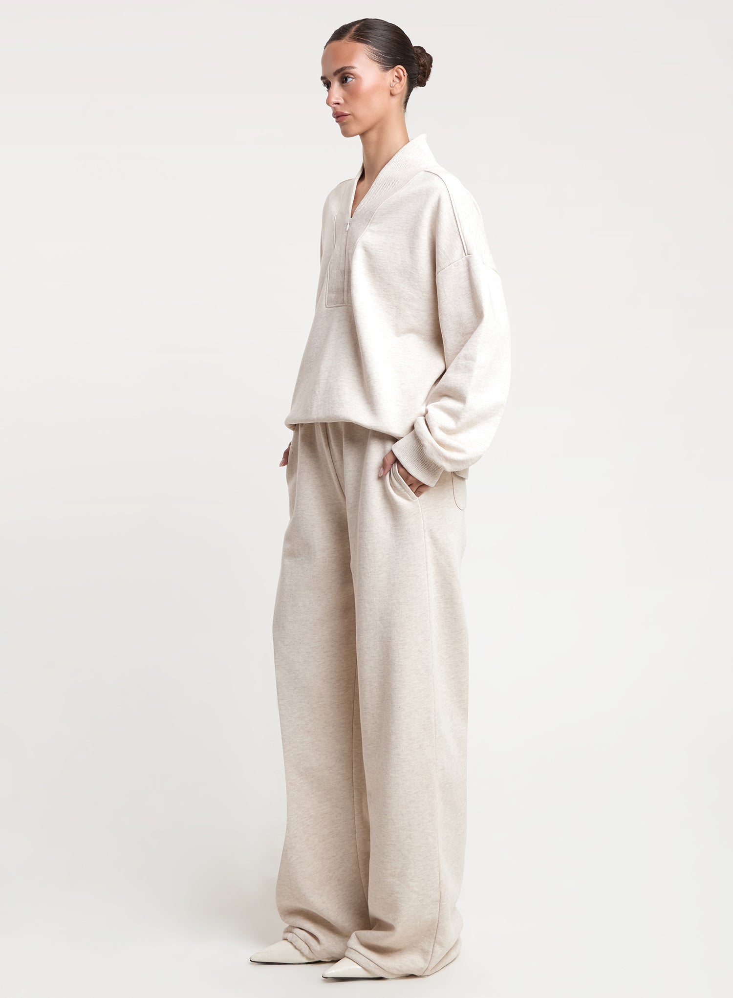 Oatmeal V-Neck Zip Detail Cotton Sweatshirt